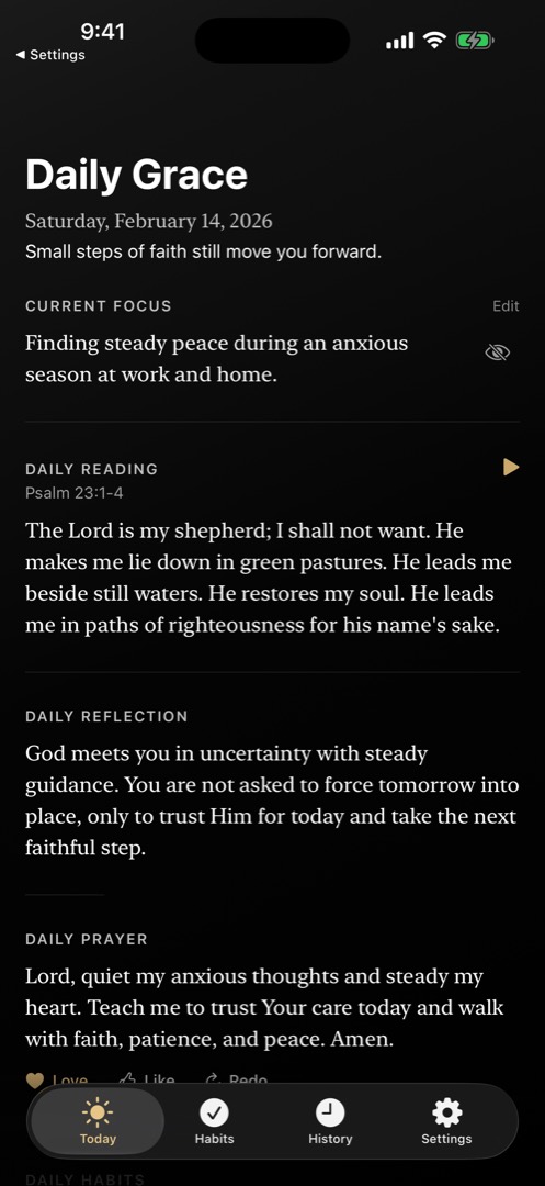 My Daily Grace Today screen showing daily reading, reflection, and prayer